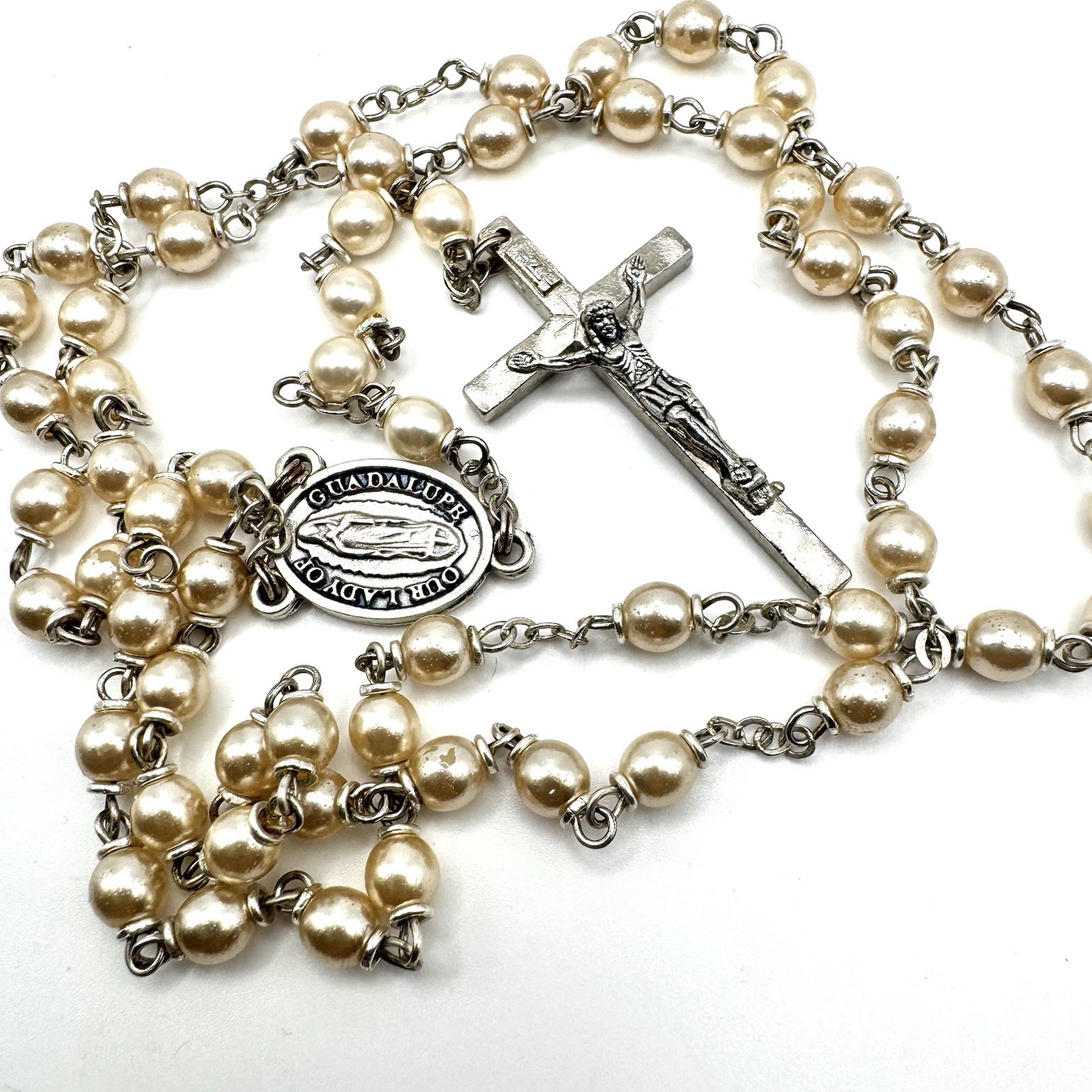 Vtg Catholic Rosary Faux Pearl Beads Silver Tone Our Lady of Guadalupe Italy