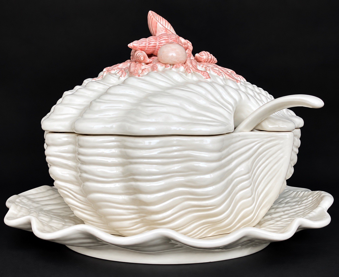 Vintage 1981 Fitz & Floyd Oceana Pink Coral Tureen Ladle Underplate Lid Japan