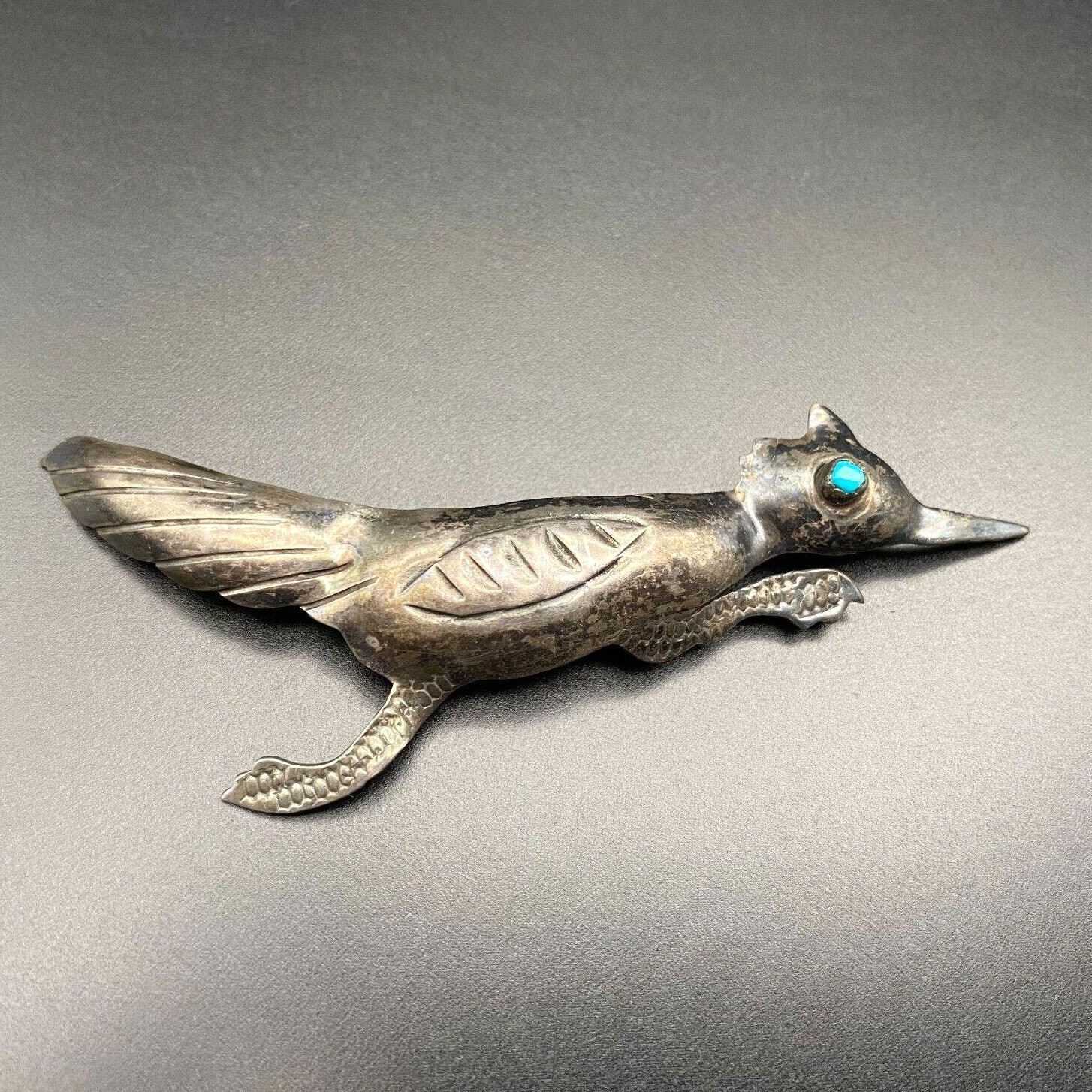 Vintage Alberto Contreras Roadrunner Bird Turquoise Sterling Silver Pin Brooch