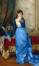 Oil painting beautiful young girl wearing blue dress holding Handkerchief stand picture