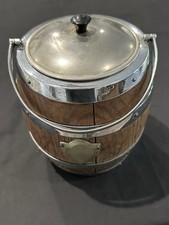 ANTIQUE VINTAGE ENGLISH OAK AND SILVER PLATE BISCUIT BARREL WITH PORCELAIN LINER picture