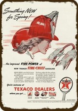 1946 Woman FIREFIGHTER FIREMAN & TEXACO Vntge-Look DECORATIVE REPLICA METAL SIGN picture