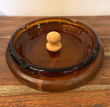 Vintage, MCM, Large Amber Glass Ash Tray w/ Cork Handle & Walnut Wood Base picture