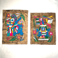 Vtg Mexican Aztec Folk Art Calendar Amate Bark Paintings, Unframed - Set Of 2 picture