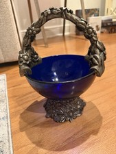 Vintage Davco Silver Ltd Cobalt Blue Bowl w/ Ornate Silver Tone Metal Basket picture
