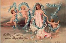 Merry Christmas New Year Postcard Large Letter 1907 Cherubs Angels Floating picture