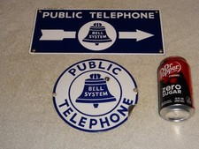 VINTAGE ANTIQUE ORIGINAL BELL SYSTEM PUBLIC TELEPHONE ARROW PORCELAIN SIGN LOT 2 picture