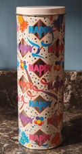 Vintage 1992 Olive Can ~ Happy Birthday Cylindrical Gift Tin 10.25
