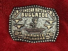Indian Bull Riding Rodeo Champion Trophy Buckle☆SHAWNEE OKLAHOMA☆1991☆Rare☆357 picture