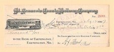 1907 ST FRANCOIS COUNTY RAILWAY COMPANY / BANK of FARMINGTON MO CHECK STREET CAR picture