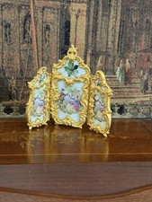 Antique Rococo Enamel & gilt bronze three-panel miniature folding screen. picture