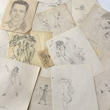 Vintage 40s Doodle Drawing Odd Risqué Pinup Aviation Outsider Folk Art Signed picture