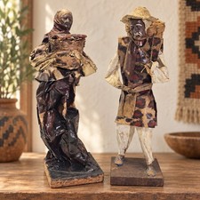 Vintage Mexican Paper Mache Fish Seller Pair Folk Art Woven Basket Figures 12in picture