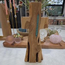 Handmade Juniper Wood Cross Resin Filled Turquoise Inlay Religious Home Decor  picture