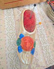 Porcelain Shoe Shaped Pincushion w/ Red Fabric Cushion, Shoe Form picture
