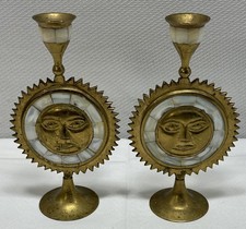 VTG (2) Sun Brass & Mother of Pearl Celestial Candle Holder Candlestick 7.5” picture