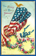 Clapsaddle Memorial Day Flag Army Navy Wreaths A/S PC Emb Vtg c1908 Near Mint picture