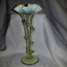 Victorian Trumpet Vase Flared Ruffle Lily Opalescent Vaseline Glass Chip Vine Mo picture