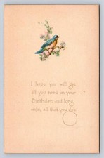Antique Art Unposted 1900s Postcard Blue Bird on Floral Branch Birthday Greeting picture