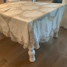 VTG  Round 73” Ivory Linen And  Beige  Venitian Style Lace Tablecloth Handmade  picture