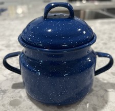 Vintage Blue Speckled Enameled Metal Pot w/2 Handles & Cover Preowned Quick Ship picture
