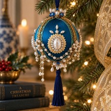 Vintage Blue Satin Beaded Ornament, Handmade Pearl Gold Tassel Ball (1960s-70s) picture