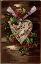 1910 Embossed Christmas Greetings Heart Holly Berries Postcard Germany picture