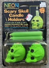 Vintage Scary Skull Candle Holders Green 1990's Y2k Neon Glow in Dark New NIB picture