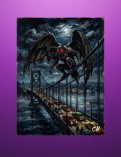 Mothman Night Bridge ACEO Print | Cryptid Horror Folk Art | Red Eye Wings picture