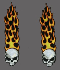 Long Flame Skull Iron On Sew On 8 x 2 inch Pair Embroidered Patch picture