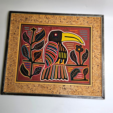 Vintage Kuna Mola Textile Framed Panama Folk Art Colorful Bird Parrot Design picture