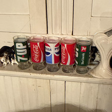 1970S Vintage Soda Logo Drinking Glasses Set of 5 - Coca-Cola Pepsi-Cola 7UP picture