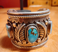 FR Signed Sterling Silver Turquoise Wide Cuff Bracelet Native American US 208G picture