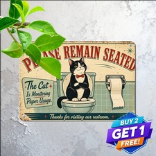 Tuxedo Cat Sitting On Toilet Bathroom Restroom Humorous Metal Tin Sign picture