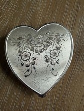 Vintage Sterling Silver Heart Powder Compact Mirror Floral Engraved picture
