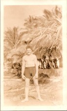 Vintage 1930s Snapshot Photo Young Man Swimsuit Bathing Suit Palm Trees Beach picture