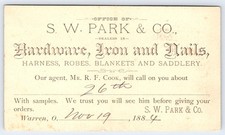 1884 S.W. Park & Co. Hardware Warren, OH Postal Card Advertising Antique picture