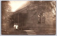 Antique RPPC Two Children Outside House Real Photo Postcard Vintage Home picture