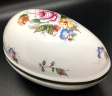 Shackman Egg-Shaped Gold Trim Floral Porcelain Jewelry Trinket Box ViTG Japan  picture
