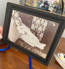 Baby Infant Post Mortem Photo Antique Leather Bier Long wht dress gown Laid Out picture