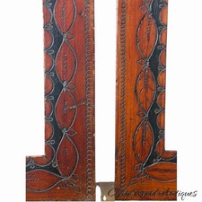 Pair Antique 19th C Folk Art Carved Wood Picture Frames incised ebonized paint picture