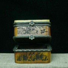 Rare Small Unique Vintage Antique Camel Bone Plum Trinket Jewelry Box picture