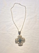 VINTAGE JERUSALEM LARGE MALTESE CROSS GREEN CABACHON CENTER STERLING SILVER 800  picture