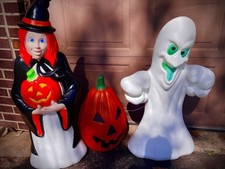 Vintage Halloween Blow Mold Ghost Pumpkin & Witch Lot of 3 Yard Decor with cord picture