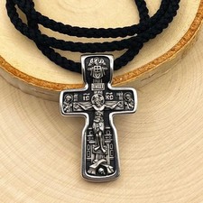 925 Silver Silk Cross Crucifixion Christ ,St. Nicholas Wonderworker Black Cord picture