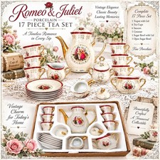 VTG Victorian Style Fine Porcelain Tea Set 17 Piece Set With Gold Trim Handles picture