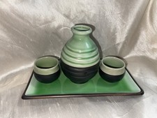 Vintage Japanese Ceramic Sake Set Green Crackle Glaze Tokkuri Bottle Cups Tray picture