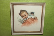 VINTAGE LITTLE BABY GIRL SLEEPING with HER DOLL FRAMED PRINT ~ MADE in GERMANY picture