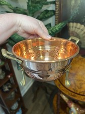 Vintage French Country Cottage Copper Colander Strainer Brass Handles Claw Feet picture