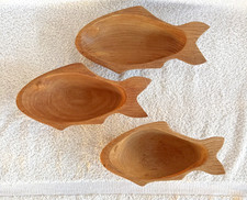 3-Vintage Hand-Carved Wooden Fish Dishes Trinket Dishes Made In Thailand picture